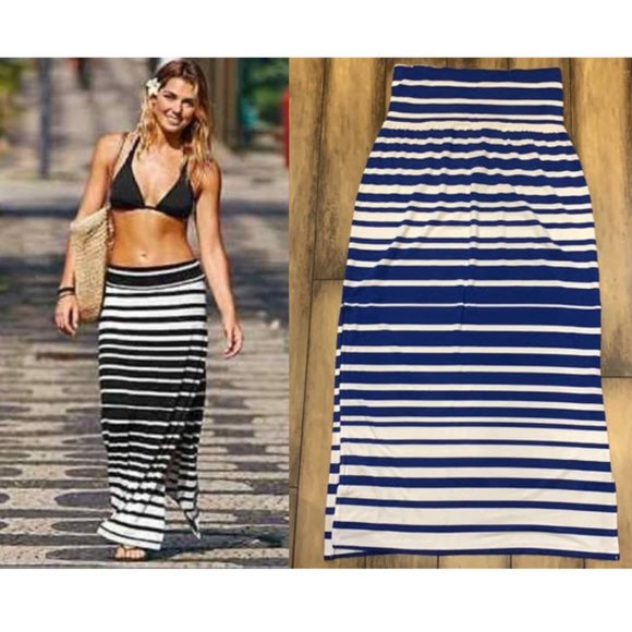blue and white striped maxi skirt